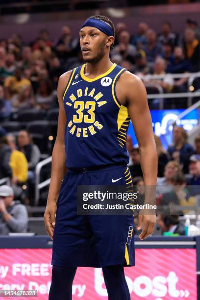 Myles Turner of the Indiana Pacers looks on in the game against the Toronto Raptors at Gainbridge Fieldhouse on January 02, 2023 in Indianapolis,...
