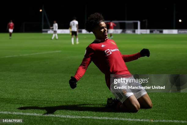 Shola Shoretire of Manchester United celebrates after scoring the team's first goal during the Premier League 2 match between Fulham and Manchester...