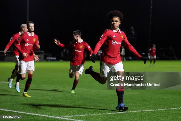 Shola Shoretire of Manchester United celebrates after scoring the team's first goal during the Premier League 2 match between Fulham and Manchester...