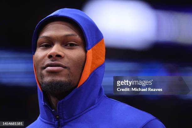 Cam Reddish of the New York Knicks looks on against the Chicago Bulls during the second half at United Center on December 14, 2022 in Chicago,...