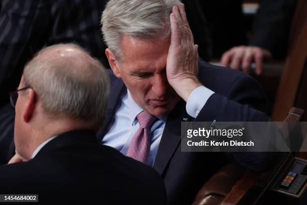 House Republican Leader Kevin McCarthy rubs his face during the fourth day of elections for Speaker of the House at the U.S. Capitol Building on...