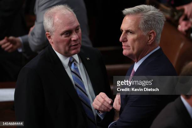 House Republican leaders Steve Scalise and Kevin McCarthy talk in the House Chamber during the fourth day of elections for Speaker of the House at...