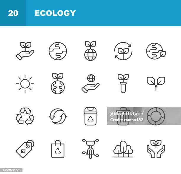 ecology line icons. editable stroke. pixel perfect. for mobile and web. contains such icons as agriculture, charity, climate, donation, earth, electric vehicle, energy, environment, flower, global warming, leaf, nature, plant, recycling, solar energy. - green garbage bin stock illustrations