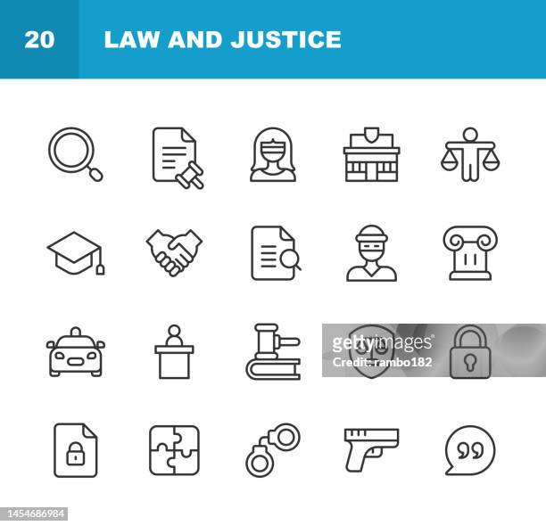 law and justice line icons. editable stroke. contains such icons as agreement, attorney, constitution, courtroom, equality, fingerprint, government, insurance, judge, jury, legal system, police, politics, prison, protest, security, verdict. - stolen justice protset in poland stock illustrations
