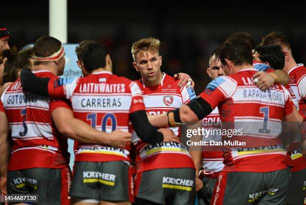 Chris Harris of Gloucester looks on as he huddles with his team mates during the Gallagher Premiership Rugby match between Gloucester Rugby and...