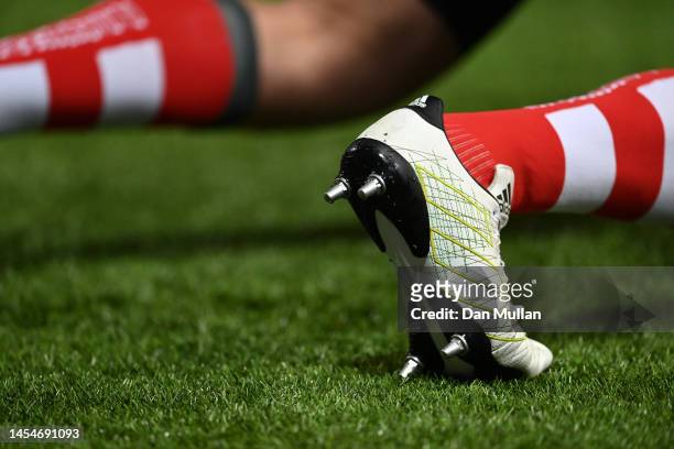Detailed view of the long studs used by front row forwards during the Gallagher Premiership Rugby match between Gloucester Rugby and Saracens at...