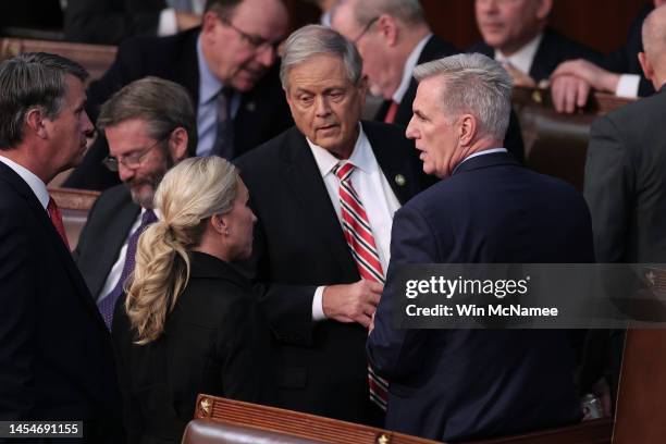 House Republican leader Kevin McCarthy Rep.-elect Ralph Norman and Rep.-elect Majorie Taylor Greene in the House Chamber during the fourth day of...