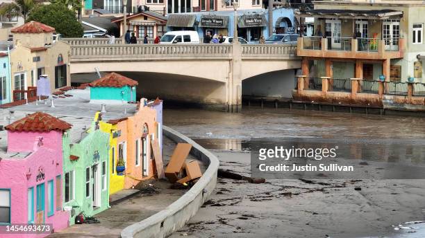 In an aerial view, damage from a powerful storm is visible on January 06, 2023 in Capitola, California. A powerful storm pounded the West Coast this...