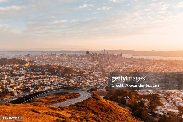 san francisco aerial view skyline at sunrise, california, usa - san francisco stock-fotos und bilder
