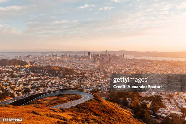 san francisco aerial view skyline at sunrise, california, usa - sf stock pictures, royalty-free photos & images