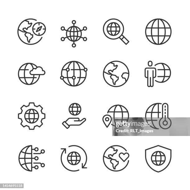 ilustraciones, imágenes clip art, dibujos animados e iconos de stock de iconos del globo terráqueo — serie monoline - globo terráqueo