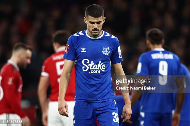 Conor Coady of Everton reacts during the Emirates FA Cup Third Round match between Manchester United and Everton at Old Trafford on January 06, 2023...