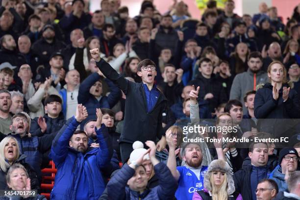 Everton fans react after the Emirates FA Cup Third Round match between Manchester United and Everton at Old Trafford on January 06, 2023 in...