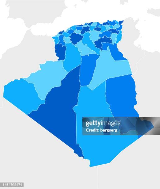 algeria blue map with regions and national borders - algeria stock illustrations