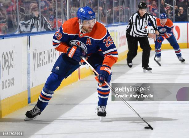 Leon Draisaitl of the Edmonton Oilers skates during the game against the New York Islanders on January 5, 2023 at Rogers Place in Edmonton, Alberta,...