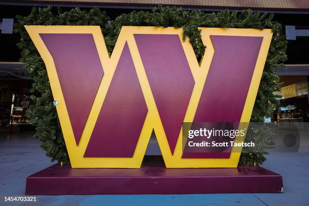 General view of the Washington Commanders logo on the stadium concourse before the game between the Washington Commanders and the Cleveland Browns at...