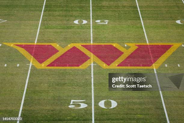 General view of the Washington Commanders logo on the field before the game between the Washington Commanders and the Cleveland Browns at FedExField...