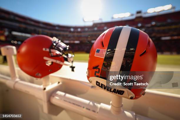 Detailed view of Cleveland Browns helmets on the bench before the game against the Washington Commanders at FedExField on January 1, 2023 in...