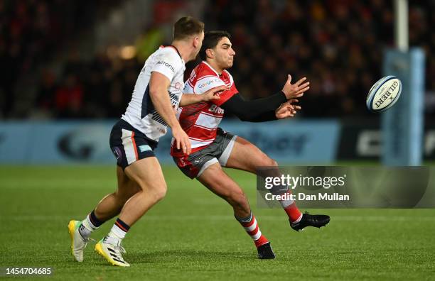 Santiago Carreras of Gloucester releases a pass during the Gallagher Premiership Rugby match between Gloucester Rugby and Saracens at Kingsholm...