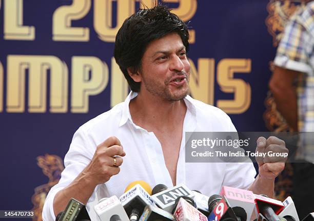 Shahrukh Khan addressed a press conference at his Mannat residence in Mumbai on Wednesday, May 30, 2012 on the Kolkata Knight Riders winning the...