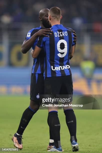 Romelu Lukaku of FC Internazionale congratulates team mate Edin Dzeko after scoring to give the side a 1-0 lead during the Serie A match between FC...