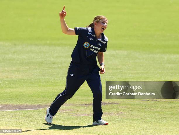 Georgia Wareham of Victoria celebrates the dismissal of Tahlia Wilson of the NSW Breakers during the WNCL match between Victoria and New South Wales...