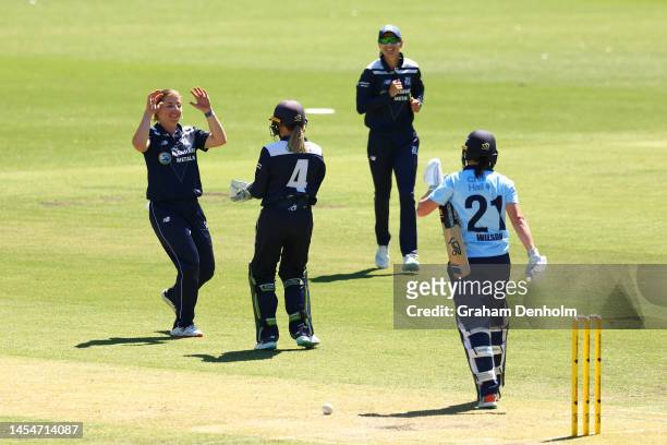 Georgia Wareham of Victoria celebrates the dismissal of Tahlia Wilson of the NSW Breakers during the WNCL match between Victoria and New South Wales...