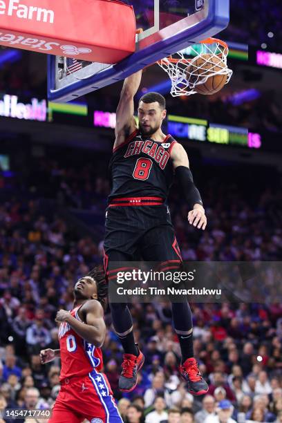 Zach LaVine of the Chicago Bulls dunks during the second quarter against the Philadelphia 76ers at Wells Fargo Center on January 06, 2023 in...