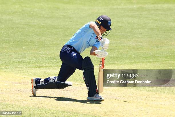 Phoebe Litchfield of the NSW Breakers bats during the WNCL match between Victoria and New South Wales at CitiPower Centre on January 07, 2023 in...