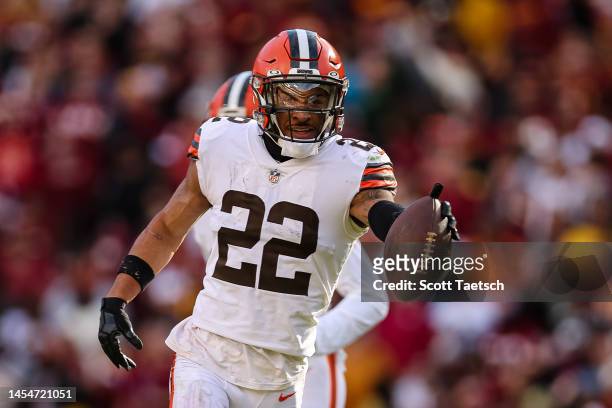 Grant Delpit of the Cleveland Browns reacts after intercepting a pass against the Washington Commanders during the first half of the game at...