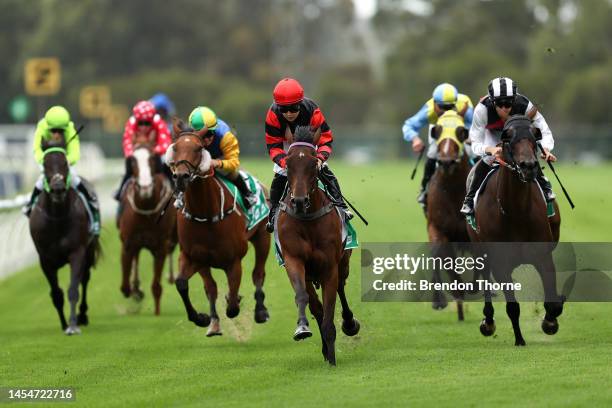 Amy McLucas riding Pokerjack wins Race 1 the TAB Highway Handicap during Sydney Racing at Rosehill Gardens on January 07, 2023 in Sydney, Australia.