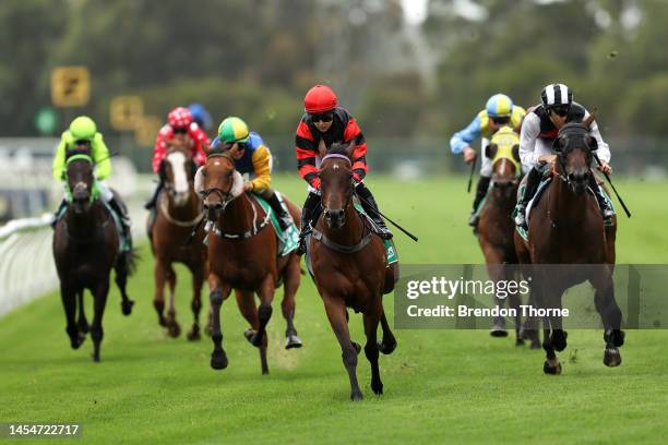 Amy McLucas riding Pokerjack wins Race 1 the TAB Highway Handicap during Sydney Racing at Rosehill Gardens on January 07, 2023 in Sydney, Australia.