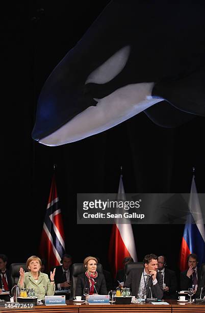 German Chancellor Angela Merkel looks up as she speaks under a model of a whale hanging from the ceiling at the opening of the 2012 Council of Baltic...