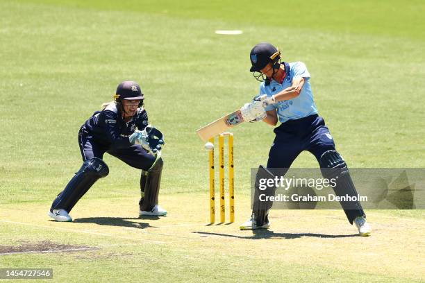 Erin Burns of the NSW Breakers bats during the WNCL match between Victoria and New South Wales at CitiPower Centre on January 07, 2023 in Melbourne,...