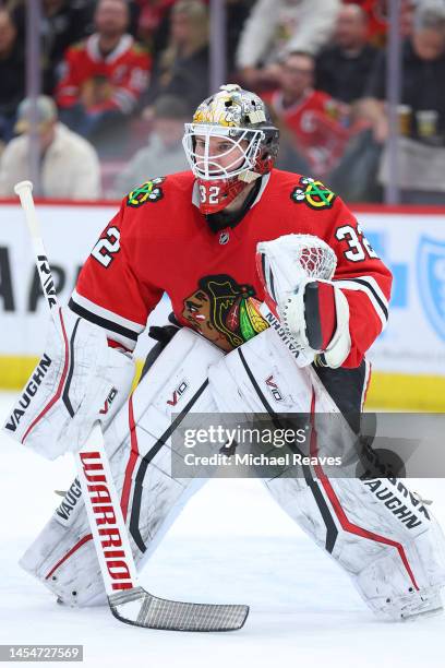 Alex Stalock of the Chicago Blackhawks tends the net against the Arizona Coyotes during the first period at United Center on January 06, 2023 in...