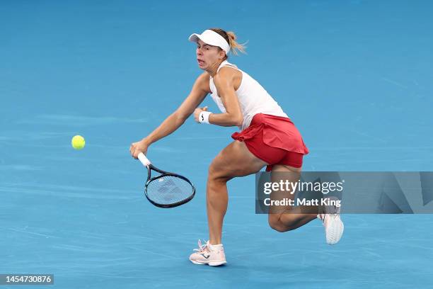 Magda Linette of Poland plays a forehand in her semi final match against Madison Keys of the United States during day nine of the 2023 United Cup at...