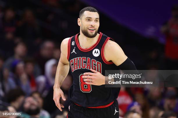 Zach LaVine of the Chicago Bulls reacts during the fourth quarter against the Philadelphia 76ers at Wells Fargo Center on January 06, 2023 in...