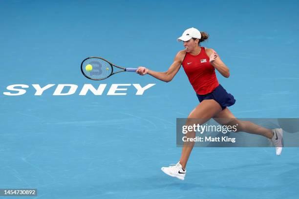 Madison Keys of the United States plays a forehand in her semi final match against Magda Linette of Poland during day nine of the 2023 United Cup at...