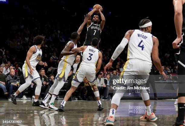 Kevin Durant of the Brooklyn Nets in action against the Golden State Warriors at Barclays Center on December 21, 2022 in New York City. The Nets...