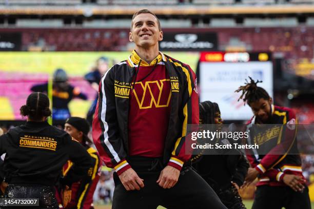 The Washington Commanders dance team performs during the second half of the game between the Washington Commanders and the Cleveland Browns at...