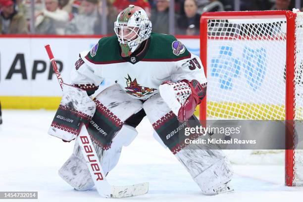 Connor Ingram of the Arizona Coyotes tends the net against the Chicago Blackhawks during the second period at United Center on January 06, 2023 in...