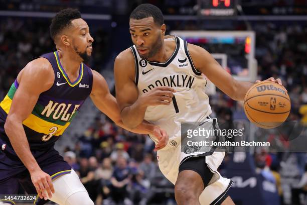 Warren of the Brooklyn Nets dribbles the ball to the basket against CJ McCollum of the New Orleans Pelicans during the second half at the Smoothie...