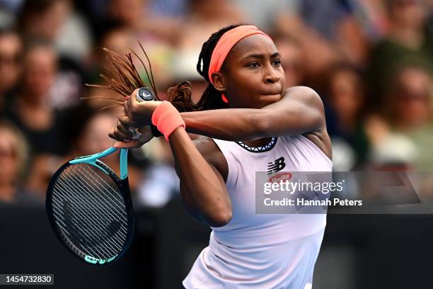 Coco Gauff of USA plays a backhand during her semi final match against Danka Kovinic of Montenegro during day six of the 2023 ASB Classic Women's at...