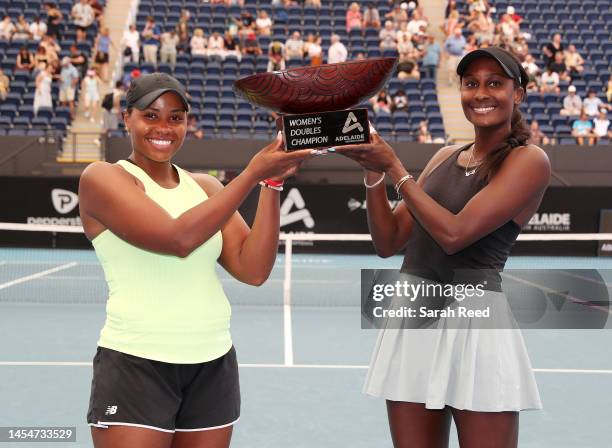 Doubles winners Taylor Townsend of the USA and Asia Muhammad of the USA who defeated Storm Hunter of Australia and Katerina Siniakova of...