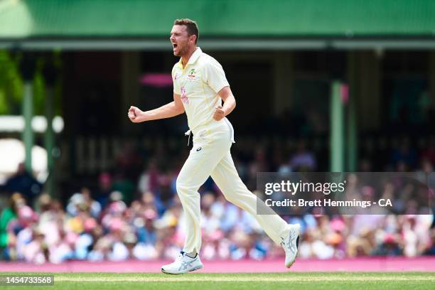 Josh Hazlewood of Australia celebrates after taking the wicket of Dean Elgar of South Africa during day four of the Second Test match in the series...
