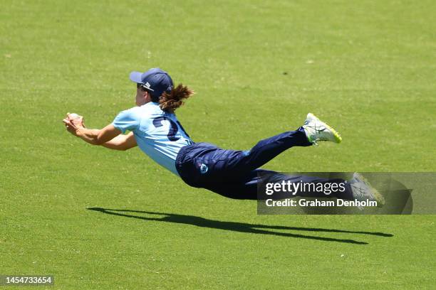 Erin Burns of the NSW Breakers catches out Sophie Reid of Victoria during the WNCL match between Victoria and New South Wales at CitiPower Centre on...