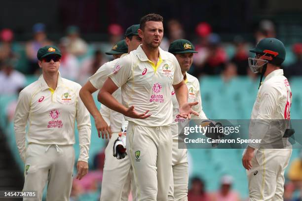 Josh Hazlewood of Australia reacts during day four of the Third Test match in the series between Australia and South Africa at Sydney Cricket Ground...