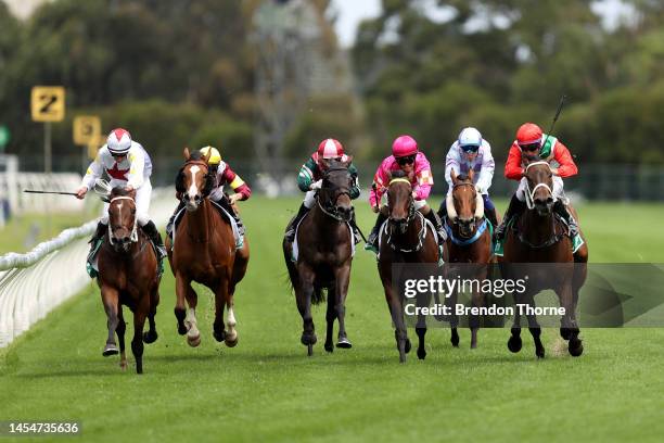 Nash Rawiller riding Frumos wins Race 5 the TAB Handicap during Sydney Racing at Rosehill Gardens on January 07, 2023 in Sydney, Australia.