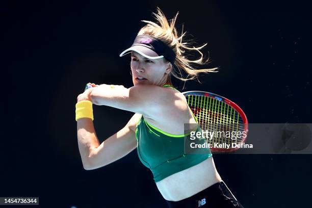 Eugenie Bouchard of Canada plays a backhand during a practice session ahead of the 2023 Australian Open at Melbourne Park on January 07, 2023 in...