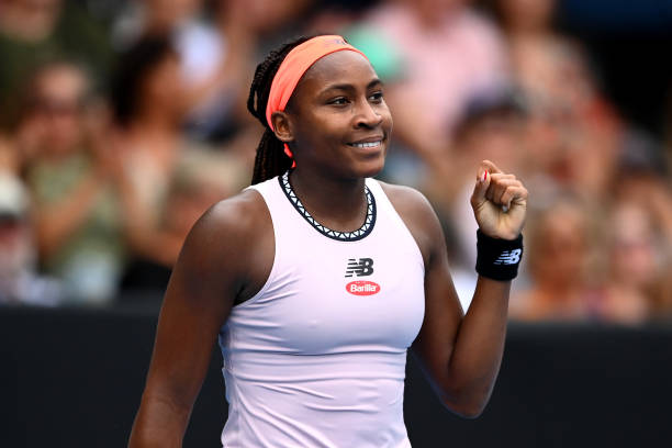 Coco Gauff of USA celebrates after winning her semi final match against Danka Kovinic of Montenegro during day six of the 2023 ASB Classic Women's at...